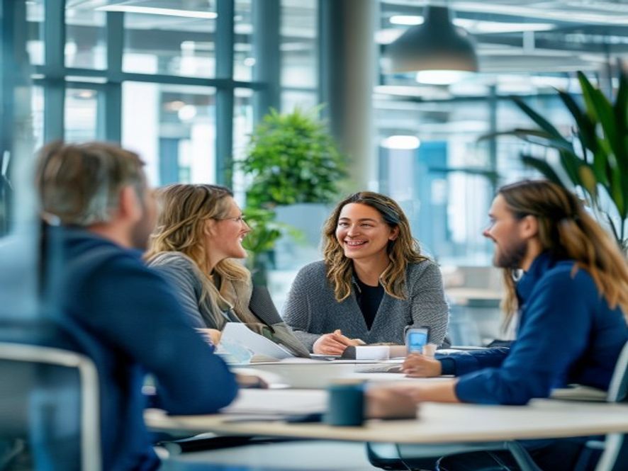 Team members in collaborative workspace with positive interaction and shared commitment visible