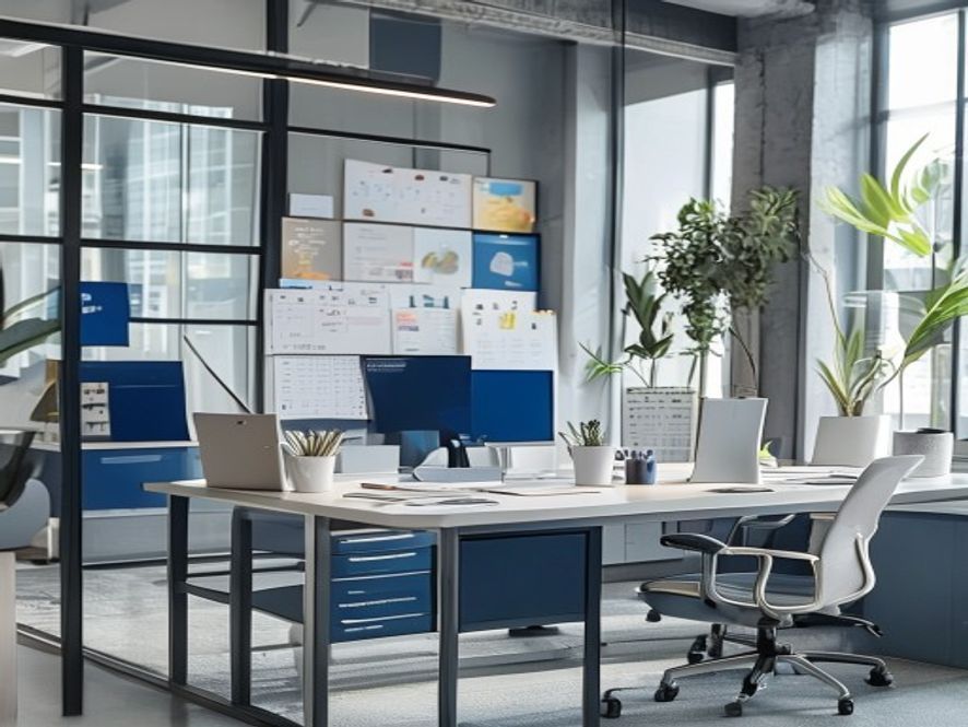 Modern workspace with wellness materials, calendar, and team planning boards showing structure and engagement